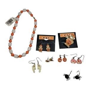 Halloween VTG Earrings Necklace Brooch Lot spooky festive pumpkin skeleton ghost